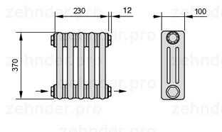 Схема (чертеж) Радиатор Zehnder Charleston 3037/5 №2670 Белый глянцевый RAL 9016